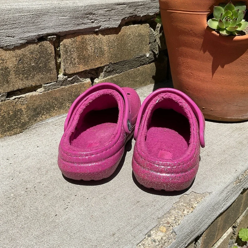 Crocs Youth Classic Fur Lined Pink‎ Clog Sparkle Glitter Fuzzy Size Junior 3